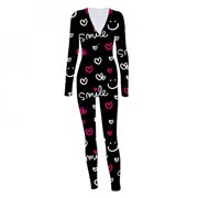 Snorda Women's Sexy Butt Button Back Flap Jumpsuit V Neck Long Sleeve Romper Bodycon Pajamas Onesies, Adults Fashion Print Sexy Jumpsuit- Valentine's Day Gifts for Women