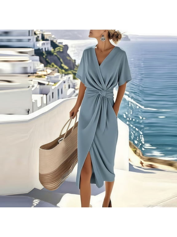 Women's Solid Color V Neck Midi Wrap Dress with Slit, Elegant Stretchy Short Sleeve Casual Sundress, Ideal for Beach Vacation & City Travel