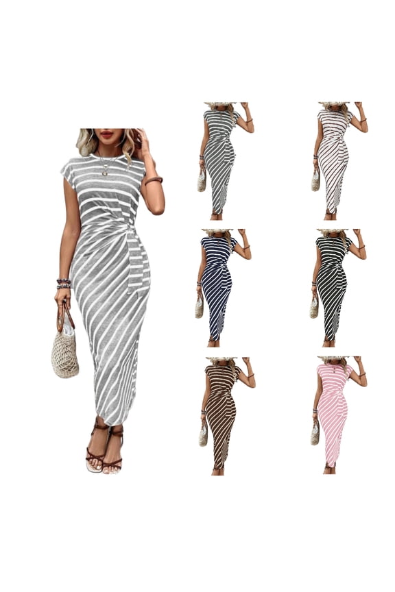 Women's Striped Dress, Summer Round Neck Sleeveless Striped Solid Color Casual Dress Flowy Sundress Ideal for Daily Wear, Beach Vacation & Party