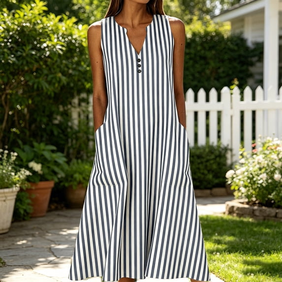 Snorda Women's Striped Dress Summer Round Neck Sleeveless Striped Solid Color Casual Dress Flowy Sundress Ideal for Daily Wear Beach Vacation & Party