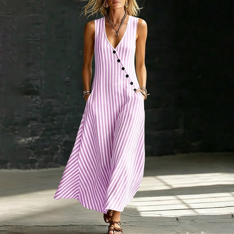 womens striped casual dress Snorda Women's Summer Round Neck Sleeveless Striped Solid Color Dress Flowy Sundress Ideal for Daily Wear Beach Vacation & Party sequin dress INSPIRE CHIC Womens Semi Chiffon Colors:Yellow 632 Flutter sleevees Blue