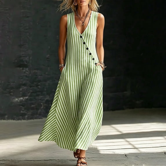 Snorda Women's Striped Dress Summer Round Neck Sleeveless Striped Solid Color Casual Dress Flowy Sundress Ideal for Daily Wear Beach Vacation & Party