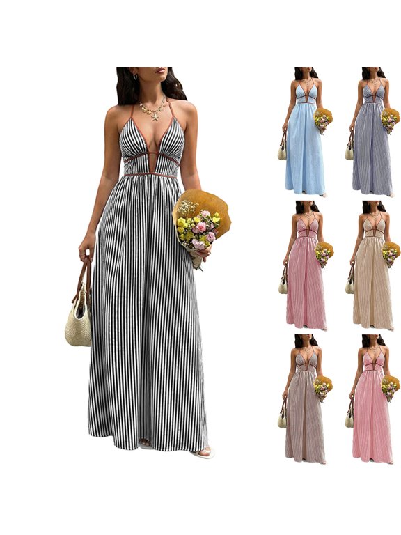 Women's Striped Dress, Summer Round Neck Sleeveless Striped Solid Color Casual Dress Flowy Sundress Ideal for Daily Wear,Vacation & Party