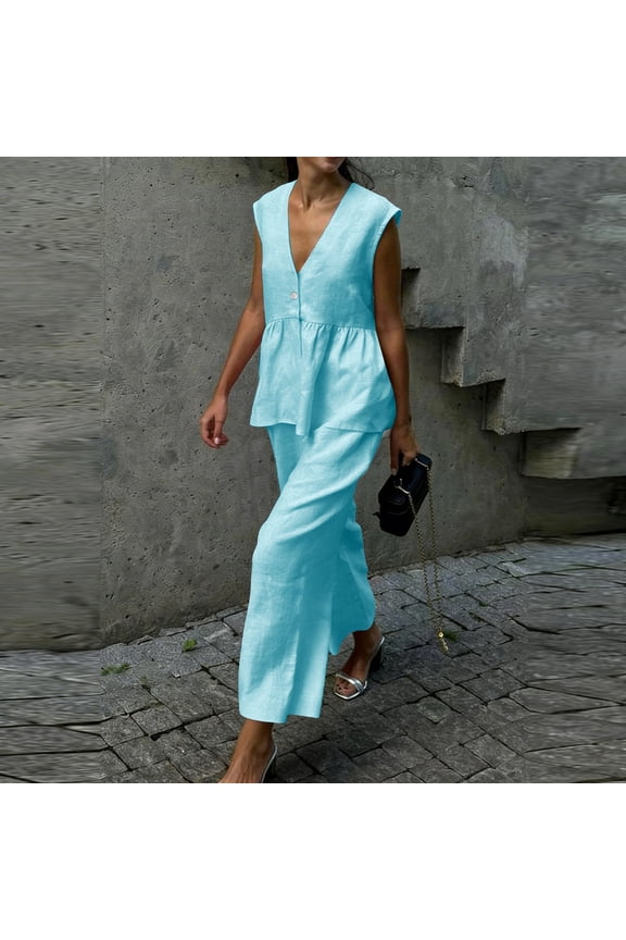 Womens 2 Piece Outfits Sleeveless V-Neck Ruffled Hem Top with Button Detail and Wide Leg Pants with Pockets Casual Summer Matching Pants Set for Daily Wear