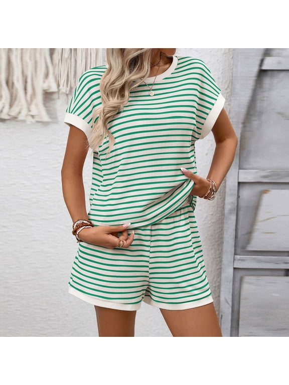 Womens 2 Piece Short Set Striped Round Neck Short-Sleeve Tops and Shorts Set Summer Womens Casual Loose Comfy Loungewear Pajamas Set