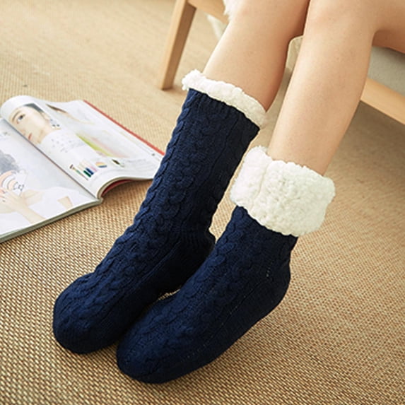 Snorda Womens Cable Knit Slipper Socks Fleece Cuff Lined Thick Thermal House Socks Soft Warm Cozy Non‑Slip Winter Mid Calf Socks for Indoor Lounging Sleeping Wear