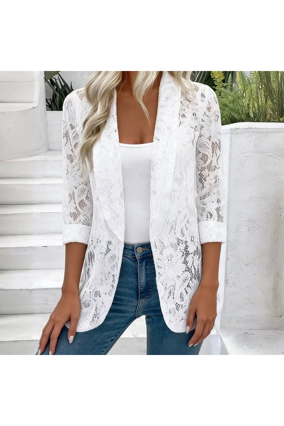 Womens Cardigan Open Front Lace Blazer Jacket Long Sleeve Sheer Cut-Out Cardigan Casual Lightweight Breathable Solid Color Cardigan for Daily Wear Office Looks