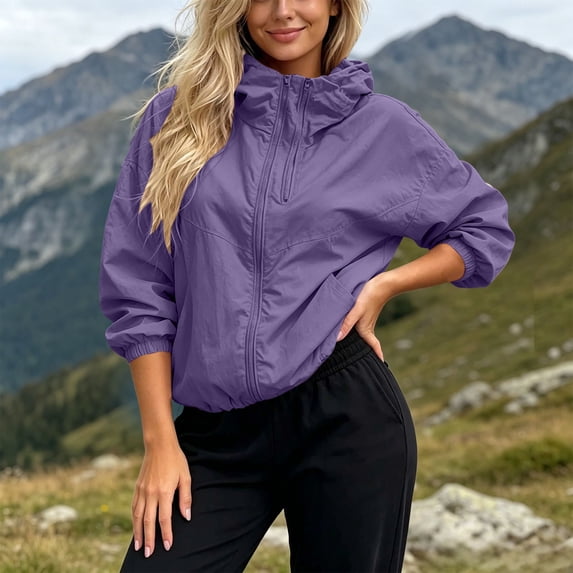 Snorda Womens Jacket Full Zip Windbreaker Jacket Long Sleeve Coat with Pockets Casual Loose Fits Solid Color Jackets For Fall Daily Outing Wear