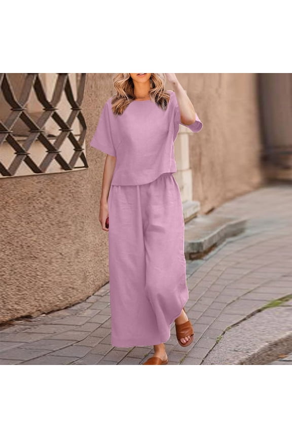 Womens Linen Set Solid Round-Neck Short Sleeve Top Matching Loose Elastic Waist Long Pants Summer Ladies Casual Cmfy Set Everyday Outing Outdoors Looks