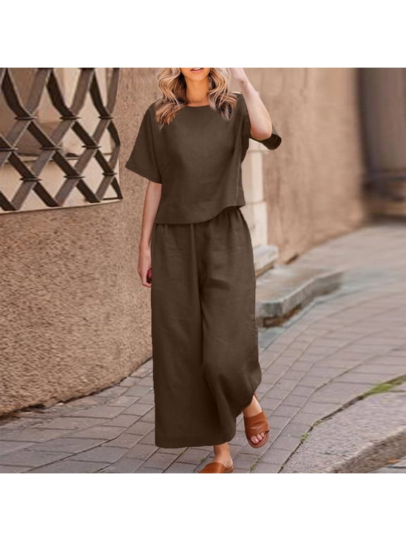 Womens Linen Set Solid Round-Neck Short Sleeve Top Matching Loose Elastic Waist Long Pants Summer Ladies Casual Cmfy Set Everyday Outing Outdoors Looks