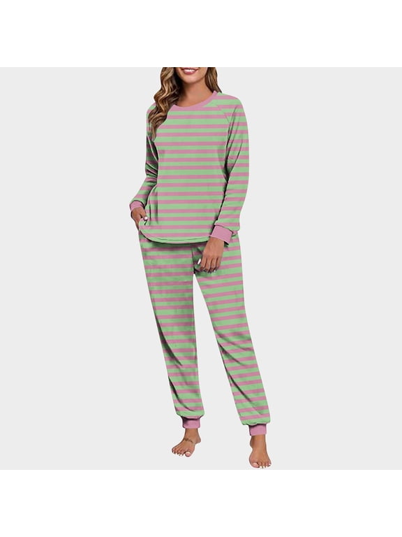 Womens Pajama Sets Crew Neck Raglan Long Sleeve Top Drawstring Jogger Pants With Side Pockets 2 Piece Soft Comfy Fleece Striped Set for Fall Winter Sleepwear