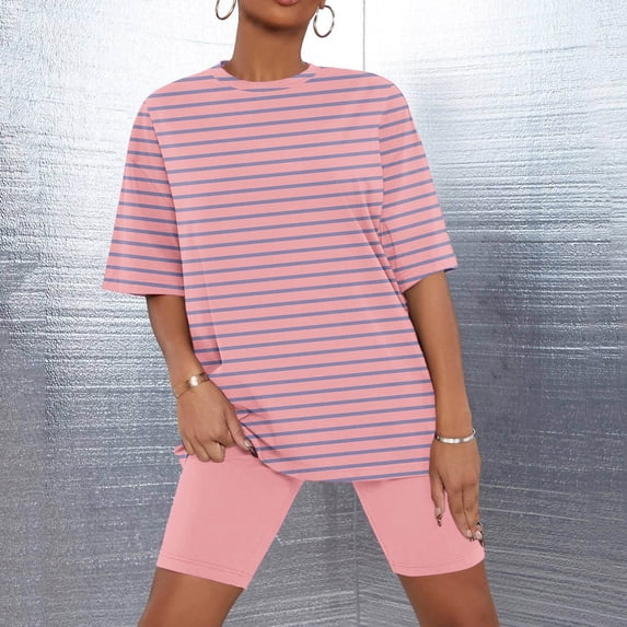 Snorda Womens Pajamas Set 2 Piece Loose Striped Short Sleeve T-Shirt and Biker Shrots Pajama Set for Women Summer Ladies Comfortable Pajamas Set for Daily Home Wear