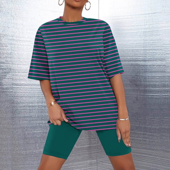 Snorda Womens Pajamas Set 2 Piece Loose Striped Short Sleeve T-Shirt and Biker Shrots Pajama Set for Women Summer Ladies Comfortable Pajamas Set for Daily Home Wear