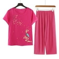 thumbnail image 1 of Snorda Womens Shorts Set 2 Piece Round Neck Printed Short Sleeve Tops Elastic Waist Pants Set Womens Summer Casual Lightweight Comfy Cottons Linen Loungewear Set, 1 of 3