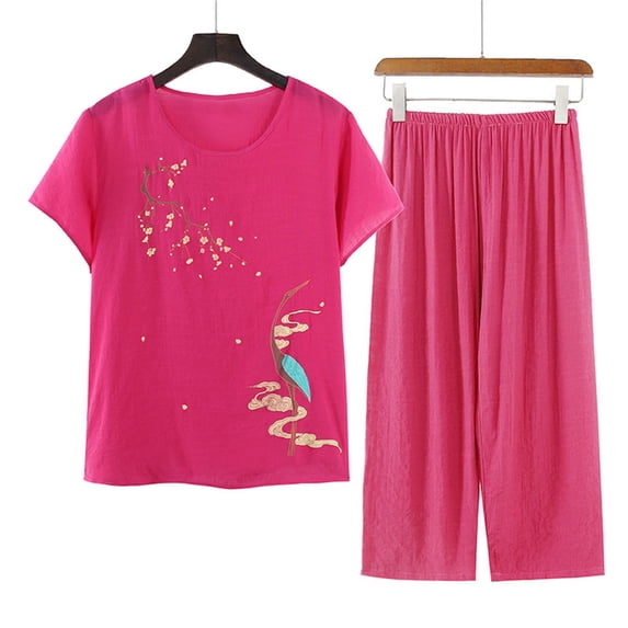 Snorda Womens Shorts Set 2 Piece Round Neck Printed Short Sleeve Tops Elastic Waist Pants Set Womens Summer Casual Lightweight Comfy Cottons Linen Loungewear Set