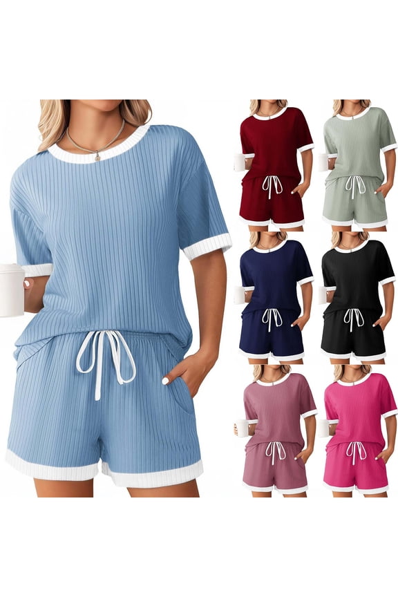 Womens Shorts Set Ribbed Crew Neck Contrasting Colors Short Sleeve Shirts Drawstring Shorts with Pockets Summer Ladies Casual Loungewear Set