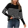 thumbnail image 1 of Snorda Womens Striped Sweater Crew Neck Rib Knit Sweater Long Sleeve Contrast Soft Stretch Pullover Sweater Loose Casual Basic Top for Fall Winter Daily Layering Wear, 1 of 5