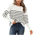 thumbnail image 1 of Snorda Womens Striped Sweater Crew Neck Rib Knit Sweater Long Sleeve Contrast Soft Stretch Pullover Sweater Loose Casual Basic Top for Fall Winter Daily Layering Wear, 1 of 5