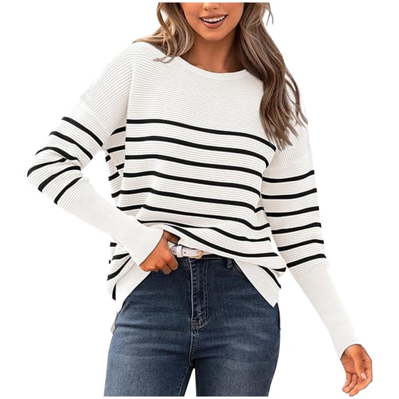 Snorda Womens Striped Sweater Crew Neck Rib Knit Sweater Long Sleeve Contrast Soft Stretch Pullover Sweater Loose Casual Basic Top for Fall Winter Daily Layering Wear