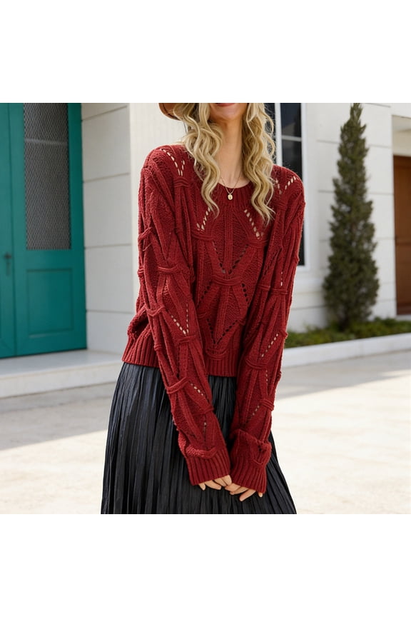 Womens Sweater Crew Neck Diamond Hollow Out Knit Cropped Sweaters Long Sleeve Loose Soft Pullover Solid Breathable Textured Sweater Casual Fashion Comfy Top for Fall Daily Layering Wear