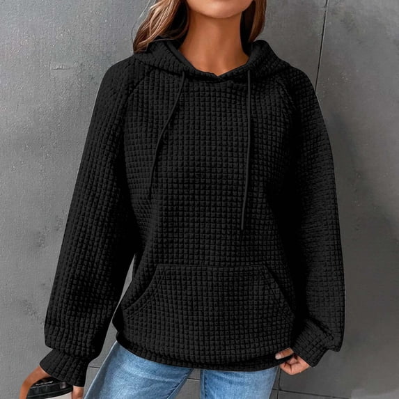 Snorda Womens Sweatshirt Waffle Knit Solid Hooded Sweatshirt Long Sleeve Drawstring Pullover Hoodie Casual Loose Soft Sweater with Pocket for Daily Outdoors Wear