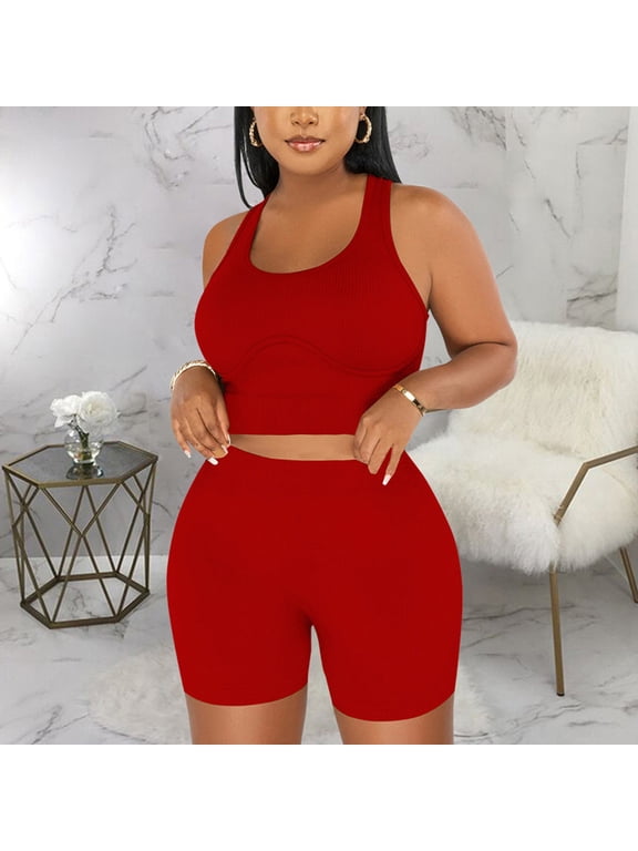 Yoga Outfits for Women 2 Piece Casual Sports Tanks and Shorts Summer Womens Workout Set Casual Solid Color Fitted Yoga Fitness Set