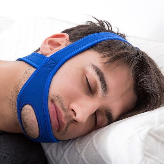 Blue adjustable neoprene chin strap for snore relief and sleep apnea support, One Size Fits Most