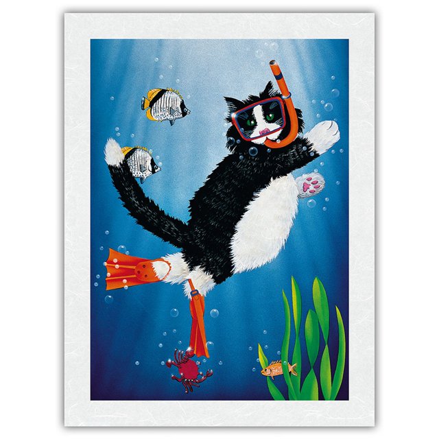 Snorkel Kitty - Underwater Snorkeling Cat - From an Original Color Painting by Peter Powell - Japanese Unryu Rice Paper Art Print (Unframed) 18 x 24 in
