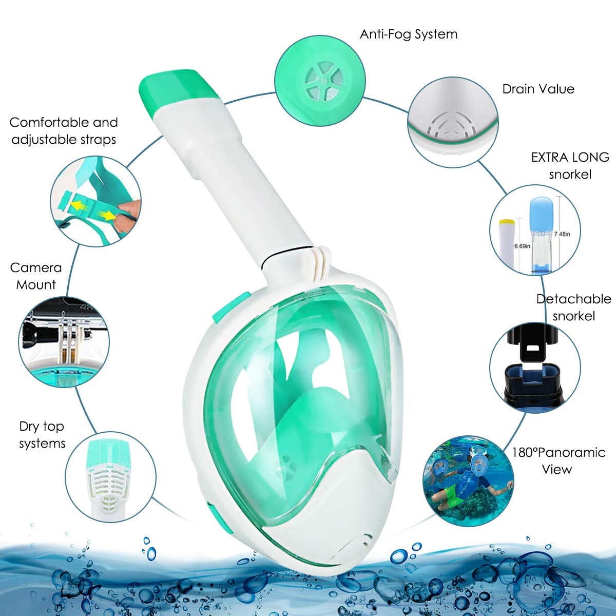Snorkel Mask Full Face 180° Panoramic Sea View Anti-Fog Anti-Leak Snorkeling Mask with Action Camera Mount and Soft Adjustable Head Straps-Green/White (S/M)