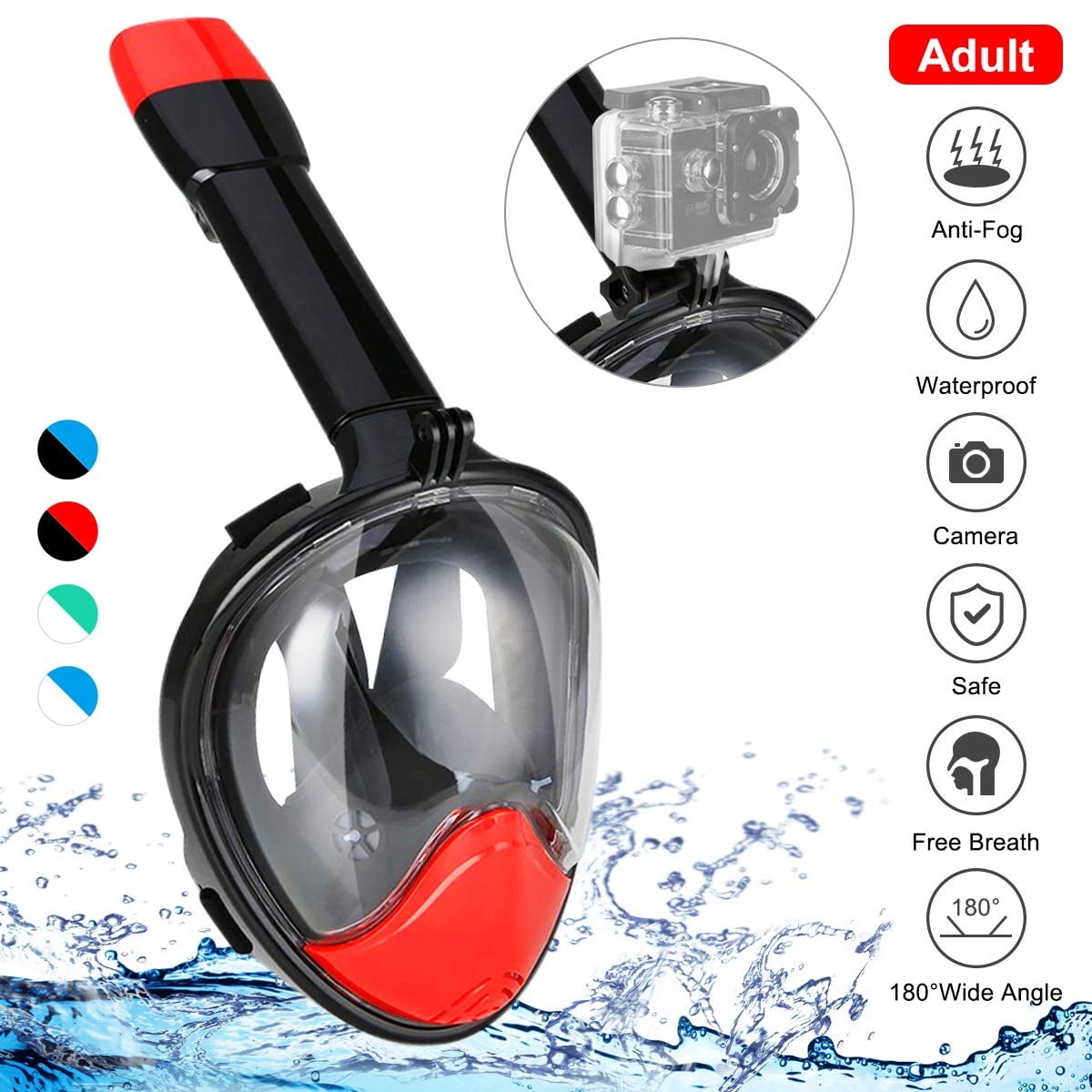 Snorkel Mask Full Face 180° Panoramic Sea View Anti-Fog Anti-Leak Snorkeling Mask with Action Camera Mount and Soft Adjustable Head Straps-Red/Black (Small/M)