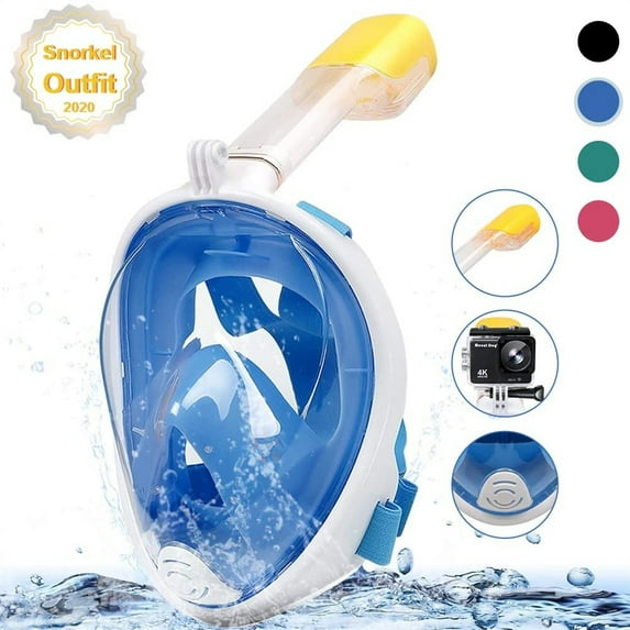 Snorkel Mask Full Face Snorkeling Mask Snorkel Set with Panoramic View and Action Camera Mount Mountdog Anti-fog and Anti-leak Design Dive Mask for Adults Blue