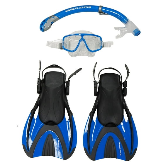 Snorkel Master Snorkeling Adult Mask, Snorkel, & Fins Set, Blue, Medium