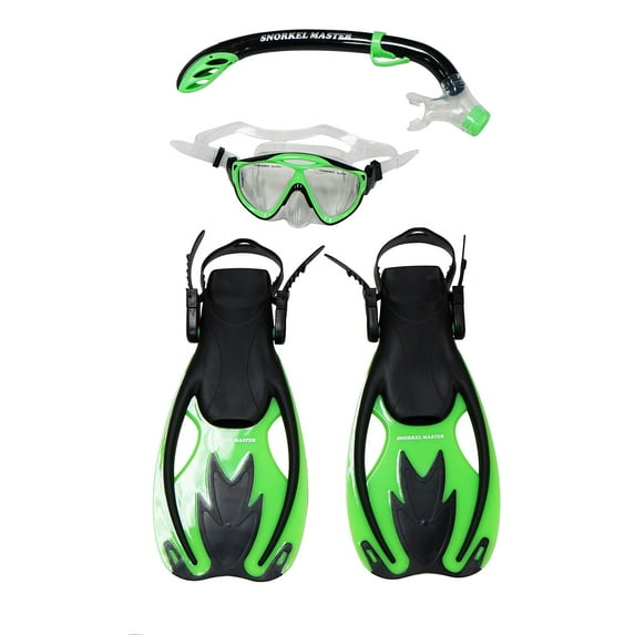 Snorkel Master Snorkeling KIDS Mask, Snorkel, & Fins Set, Green/Black, L/XL