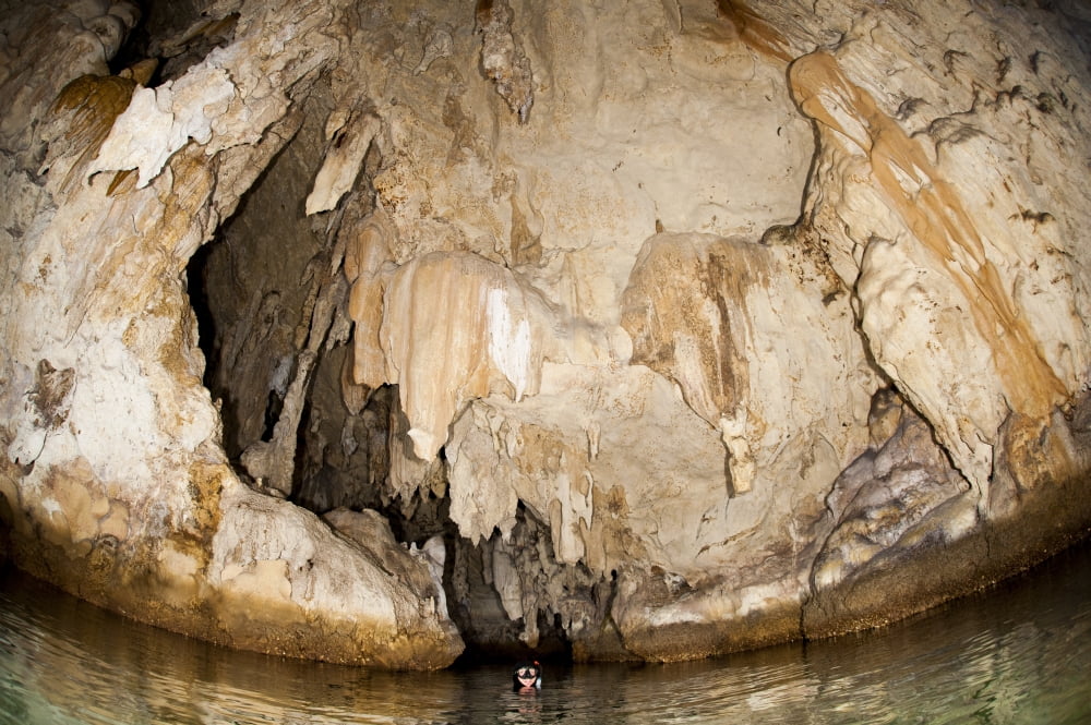 Snorkeler explores the spectacular Tomolol caves Raja Ampat Canvas Art - Steve JonesStocktrek Images (35 x 23)