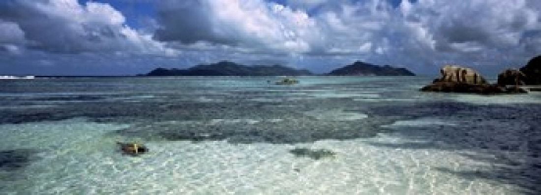 Snorkeler in the clean waters on Anse Source dArgent beach La Digue Island Seychelles Canvas Art - Panoramic Images (18 x 7)