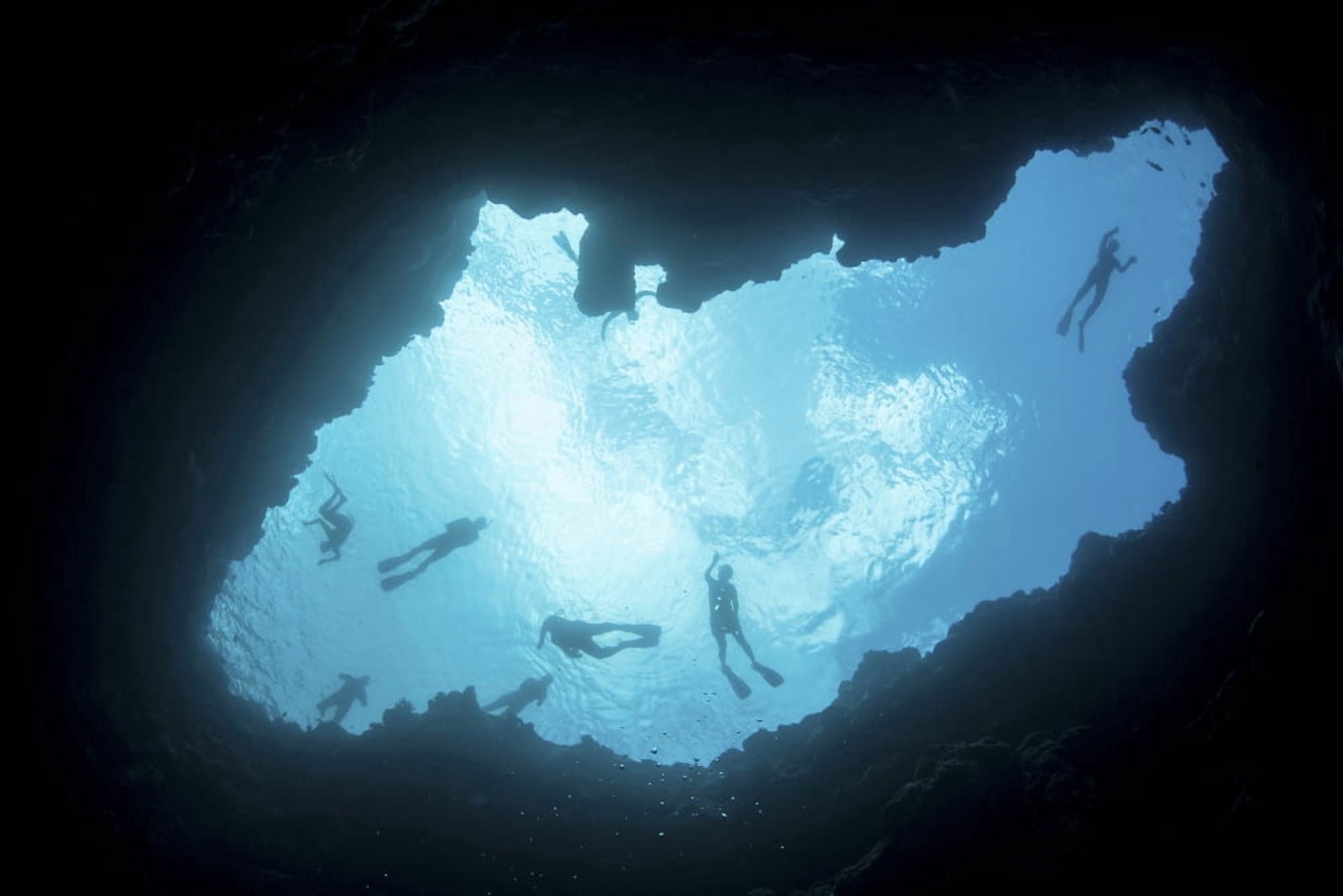 Snorkelers swim above a blue hole on Palaus barrier reef Canvas Art - Ethan DanielsStocktrek Images (17 x 12)