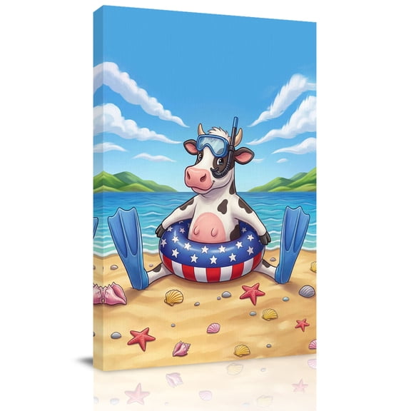 Snorkeling Cow Canvas Wall Art for Living Room, Summer Beach Ocean Patriotic Swimming Ring Wall Decor Framed Artwork Pictures Ready to Hang for Bedroom Office Home Decor