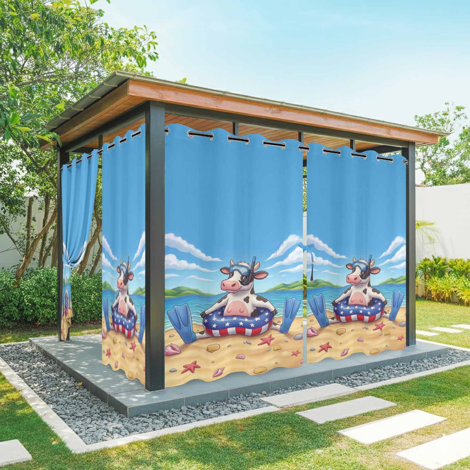 Snorkeling Cow Outdoor Curtains for Patio, Summer Beach Ocean Patriotic Swimming Ring Sunshade Privacy Drapes Grommet Waterproof Outside Curtains for Porch/Cabana/Balcony 54"x 108", 1 Panel