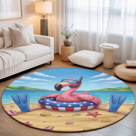 Snorkeling Flamingo Washable Round Area Rug 3 ft, Summer Beach Ocean Patriotic Swimming Ring, Soft Non Slip Rugs Stain Repellent Indoor Felt Carpet for Living Dining Room Bedroom Home Office