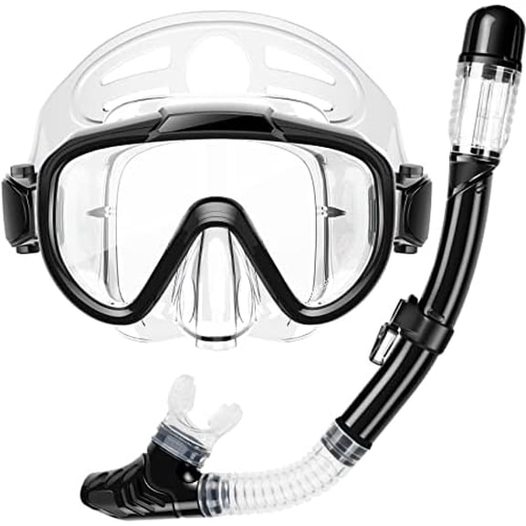 Snorkeling Gear for Adults, Dry Top Snorkel Set with Panoramic Anti-Leak and Anti-Fog Tempered Glass Lens, Adjustable Snorkeling Set for Scuba Diving Swimming Training Snorkel Kit