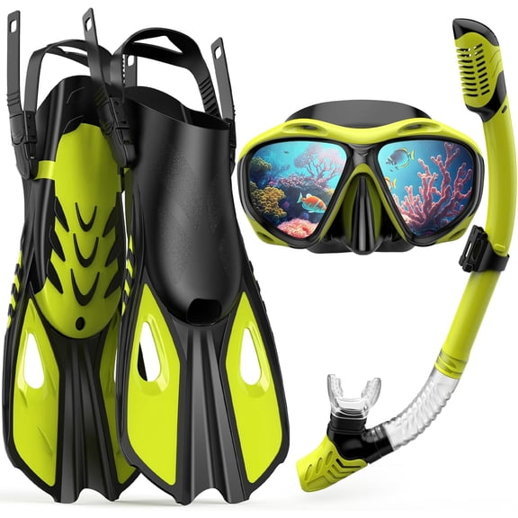 Snorkeling Gear for Adults Men Women, 3 in 1 Snorkel Set with Panoramic View Diving Mask Anti-Fog Anti-Leak, Snorkel Mask Dry Top Snorkel Fins for Swimming, Snorkeling and Travel Diving