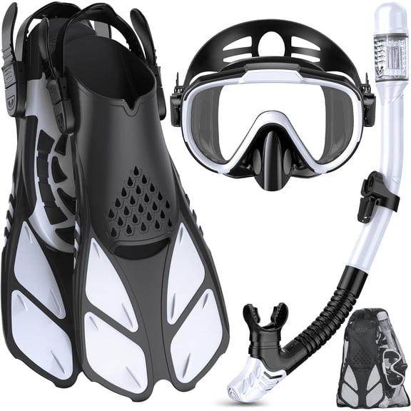 Snorkeling Gear for Adults Men Women,4 in 1 Snorkel Set with Panoramic View Diving Mask Anti-Fog Anti-Leak,Dry Top Snorkel,Fins and Travel Bag for Swimming,Snorkeling and Travel Diving