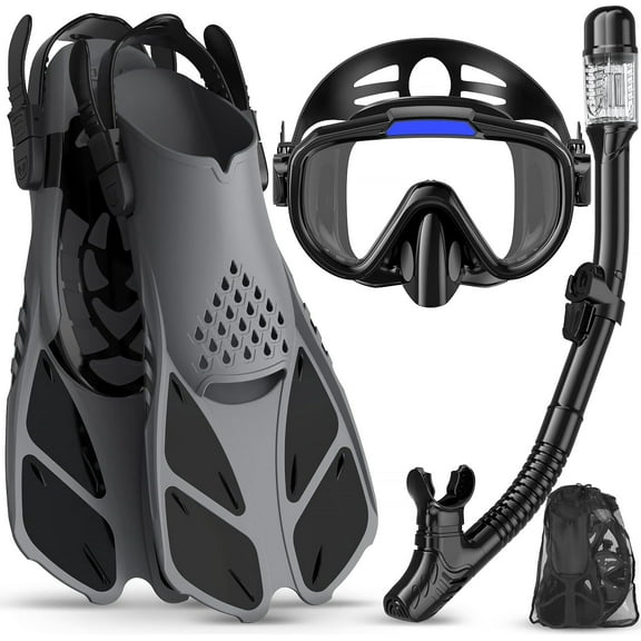 Snorkeling Gear for Adults Men Women,4 in 1 Snorkel Set with Panoramic View Diving Mask Anti-Fog Anti-Leak,Dry Top Snorkel,Fins and Travel Bag for Swimming,Snorkeling and Travel Diving