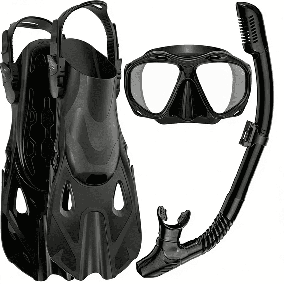 Snorkeling Gear for Adults Men Women, 3 in 1 Snorkel Set with Panoramic View Diving Mask, Dry Top Snorkel Fins for Swimming, Snorkeling and Travel Diving-Black(Large/X-Large)