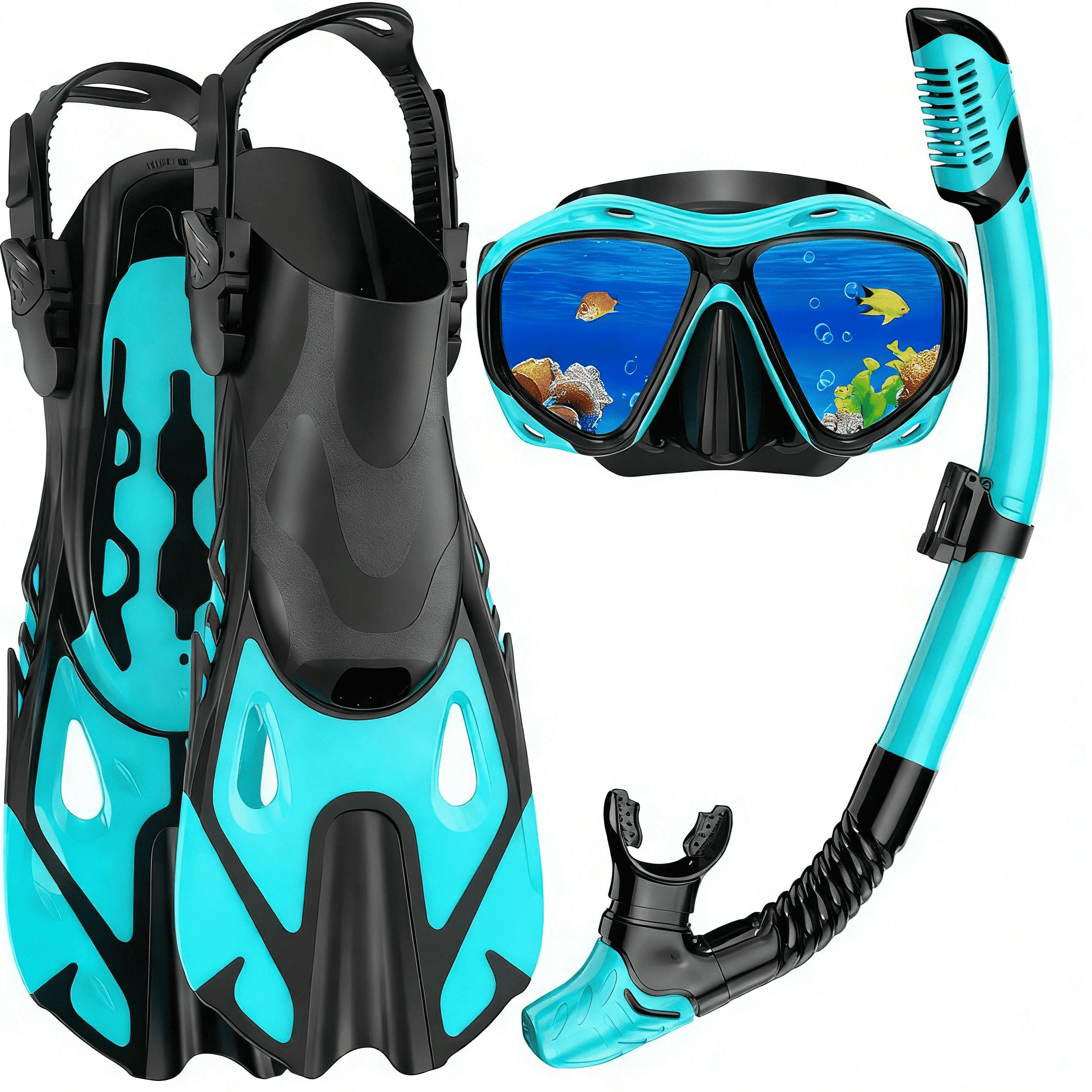 Snorkeling Gear for Adults Men Women, 3 in 1 Snorkel Set with Panoramic View Diving Mask, Dry Top Snorkel Fins for Swimming, Snorkeling and Travel Diving-Green（Small/Medium）
