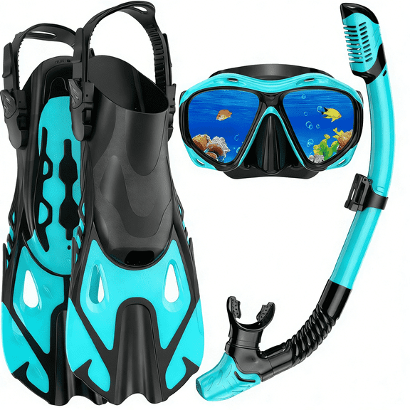 Snorkeling Gear for Adults Men Women, 3 in 1 Snorkel Set with Panoramic View Diving Mask, Dry Top Snorkel Fins for Swimming, Snorkeling and Travel Diving-Green（Small/Medium）
