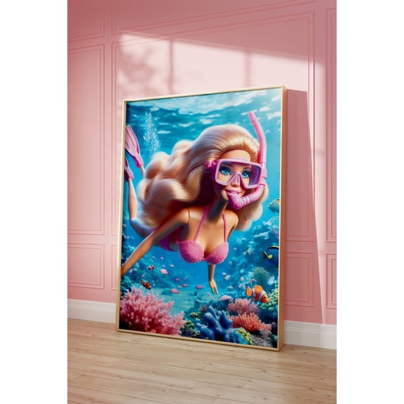 Snorkeling Girl Scuba Diving: Retro Doll Tropical Wall Art