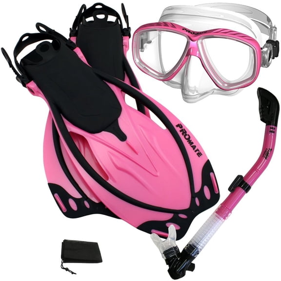 Snorkeling Scuba Dive DRY Snorkel Purge Mask Diving Fins Gear Set, Pink, MLXL