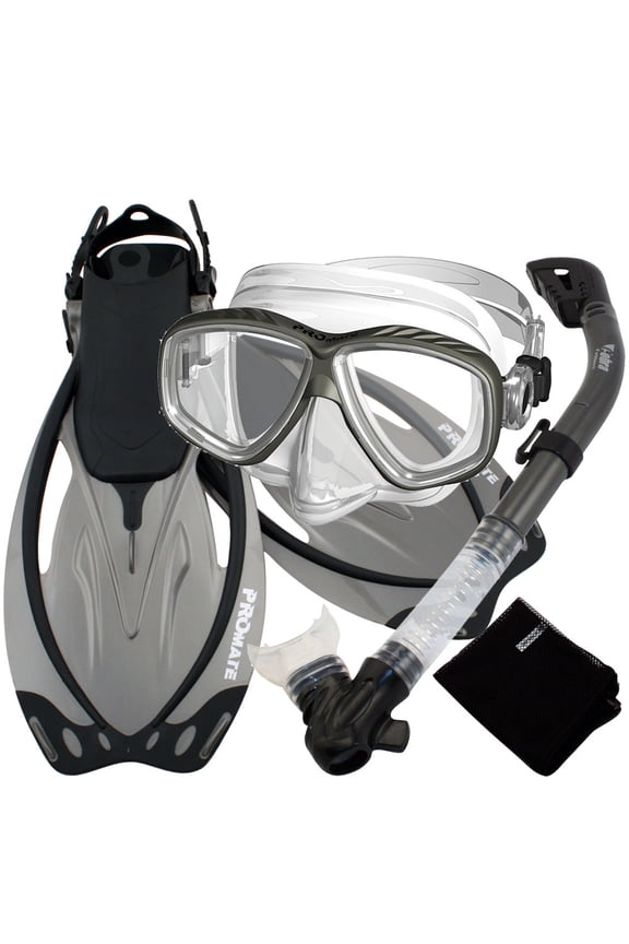 Snorkeling Scuba Dive DRY Snorkel Purge Mask Diving Fins Gear Set, Ti, SM