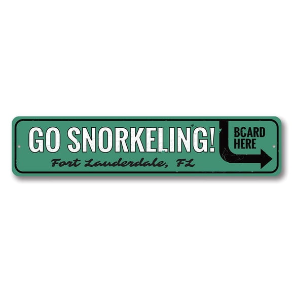 Snorkeling Sign, Go Snorkeling Board Here Arrow Sign, Beach Location Sign, Beach House Aluminum Decor - 4x18 inches